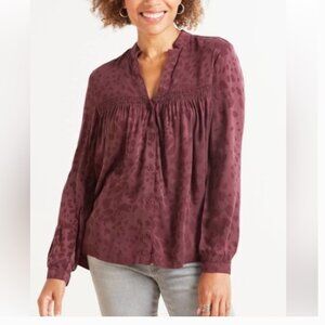 Evereve Cloth & Stone Leopard Print Button Up Blouse Maroon Size Medium V-Neck